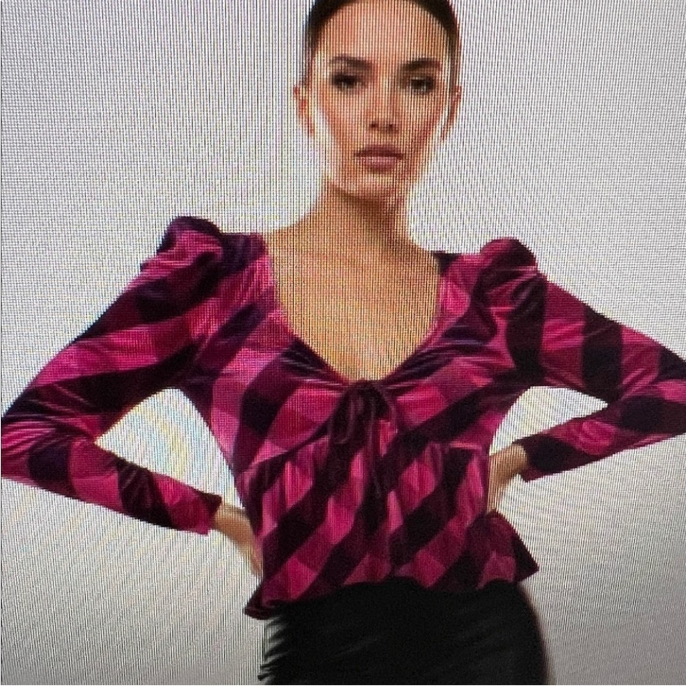 NWT Anthropologie Maeve Pink striped Velvet Puff Sleeve Peplum baby doll top M